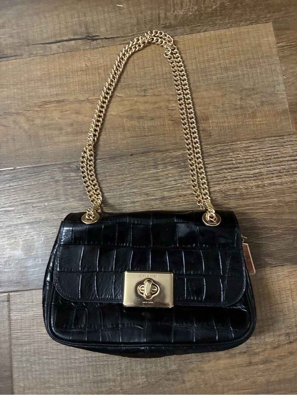 Coach Black Croc-Embossed Leather Shoulder Bag